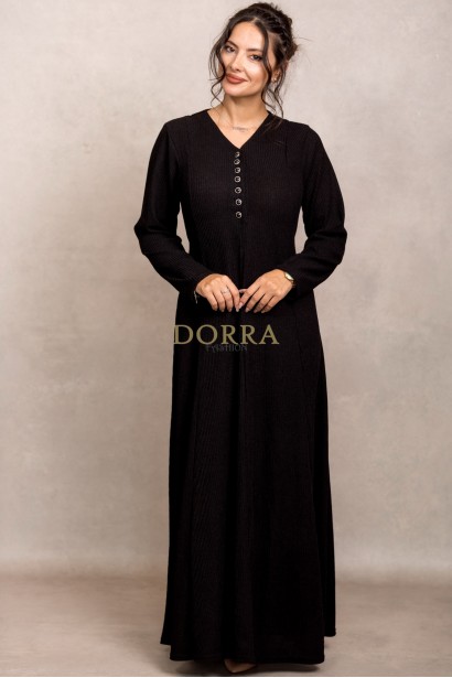 Rochie lunga Medina din tricot negru, cu nasturi si cordon